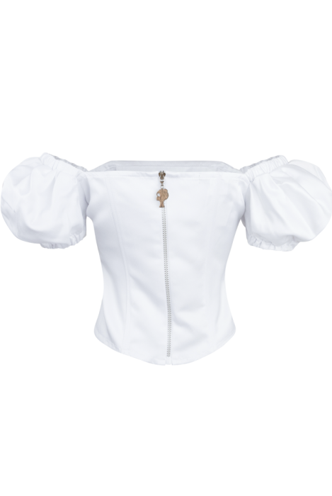 Топ - корсет "Мишель" белая, короткие рукава фонарики + брошь глиттер