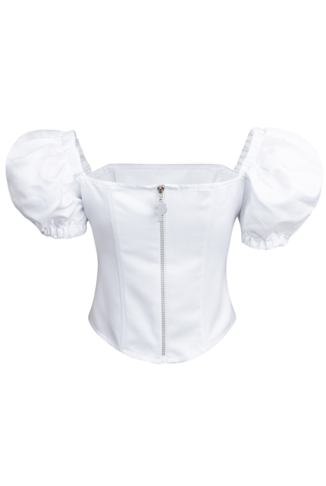 Топ - корсет "Мишель" белая, короткие рукава фонарики + брошь глиттер