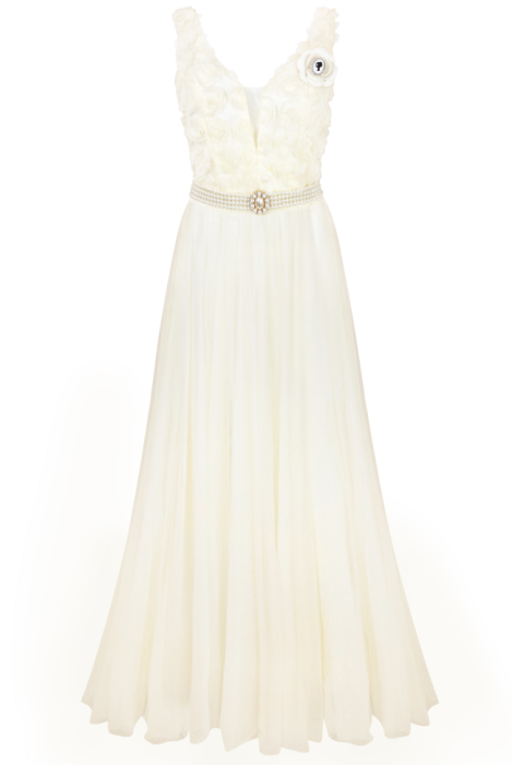 Платье-пачка "Жанмари" шампань, нюдовое, кремовое, объемные розы, макси