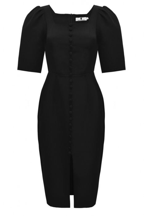 Платье "Мэдлин" черное, декорированное пуговицами, короткий рукав, миди