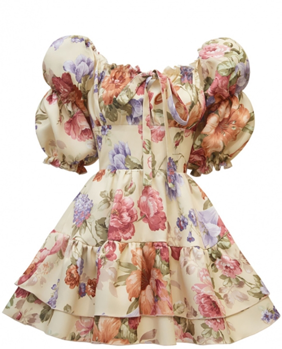 Платье "Барби" молочное, розовый цветочный принт, с воланами по юбке, мини