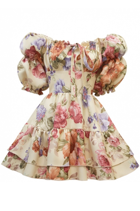 Платье "Барби" молочное, розовый цветочный принт, с воланами по юбке, мини