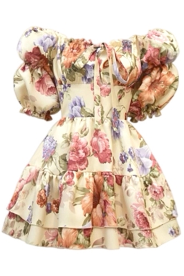 Платье "Барби" молочное, розовый цветочный принт, с воланами по юбке, мини
