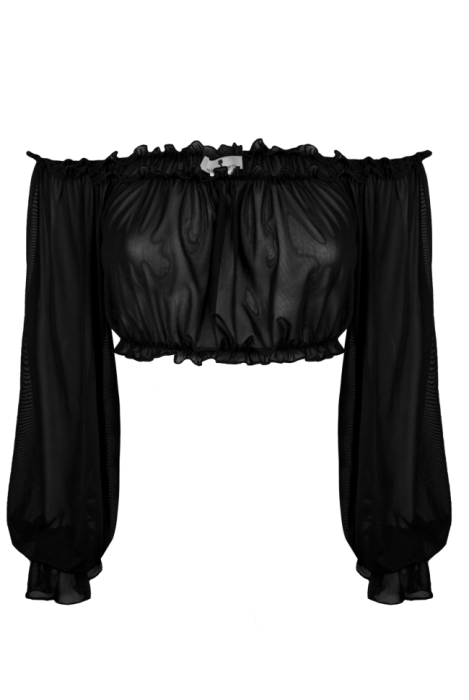 Топ - кроп - бра черный, фатин, длинный рукав