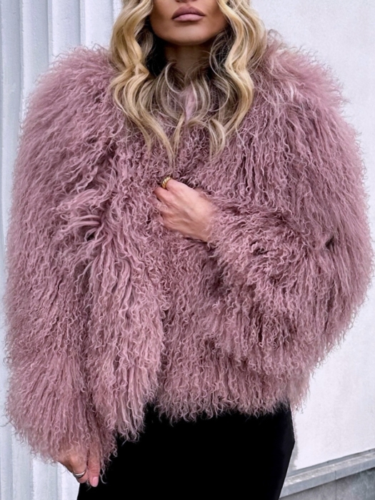 Шуба (полушубок) "Лорель" пыльная роза, мех лама (натуральный) 62 см