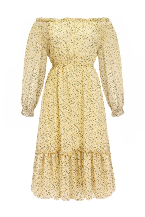 Платье "Леонор" ванильное, цветочный принт, воланы по юбке, миди