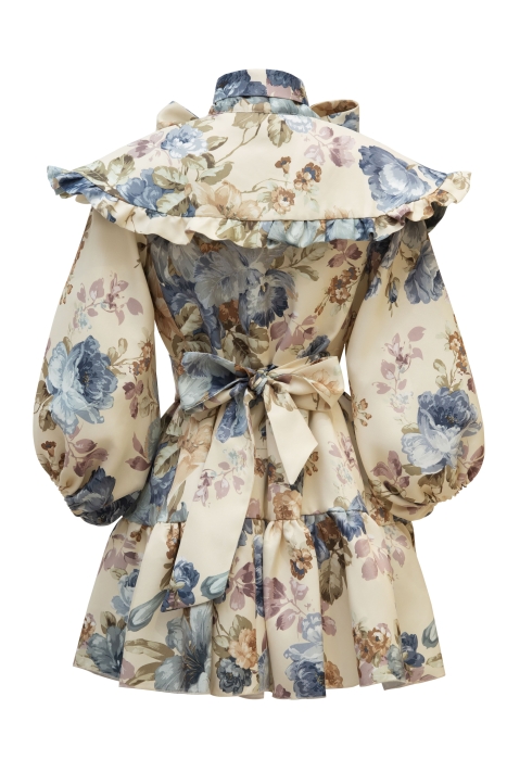 Платье "Лоретта" молочное, принт голубые пионы, с воротником и бантом, мини