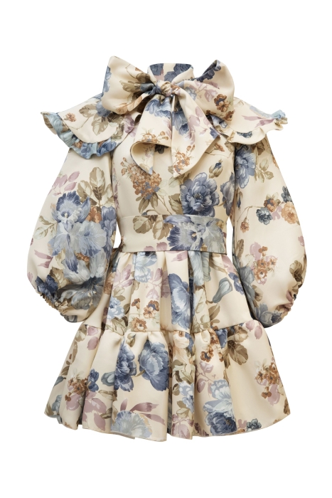 Платье "Лоретта" молочное, принт голубые пионы, с воротником и бантом, мини