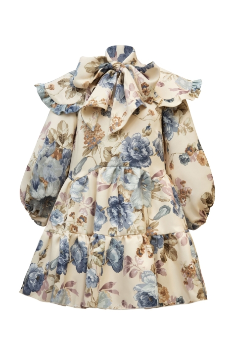 Платье "Лоретта" молочное, принт голубые пионы, с воротником и бантом, мини