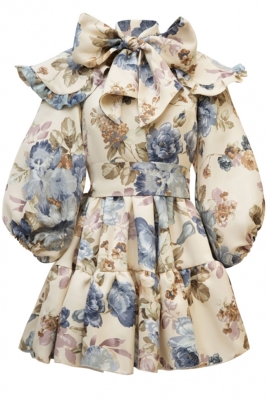 Платье "Лоретта" молочное, принт голубые пионы, с воротником и бантом, мини