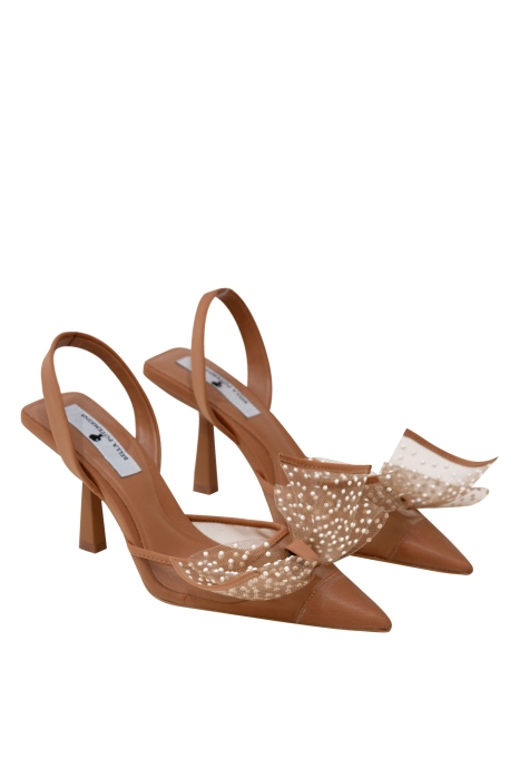 Босоножки "SS 23" нюдовые, с бантом из сетки с жемчугом