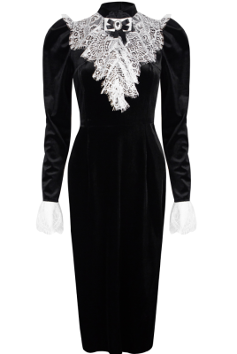 Платье "Бастьен" черное, бархат, барокко, жабо, белое кружево, миди