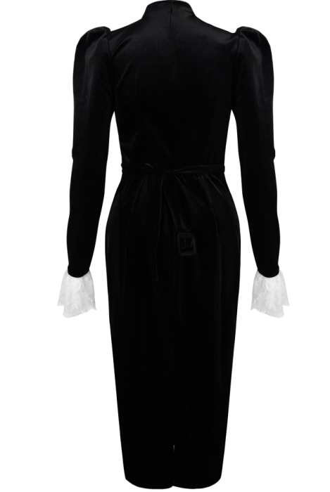 Платье "Бастьен" черное, бархат, барокко, жабо, белое кружево, миди