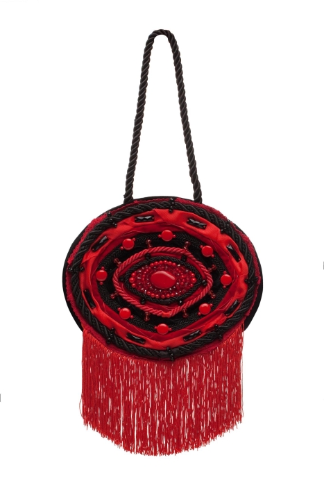 Ридикюль круглый  черный с красным,жемчуг