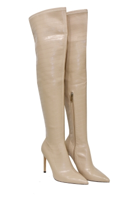 Сапоги - ботфорты бежевые, на шпильке, имитация кожи крокодила