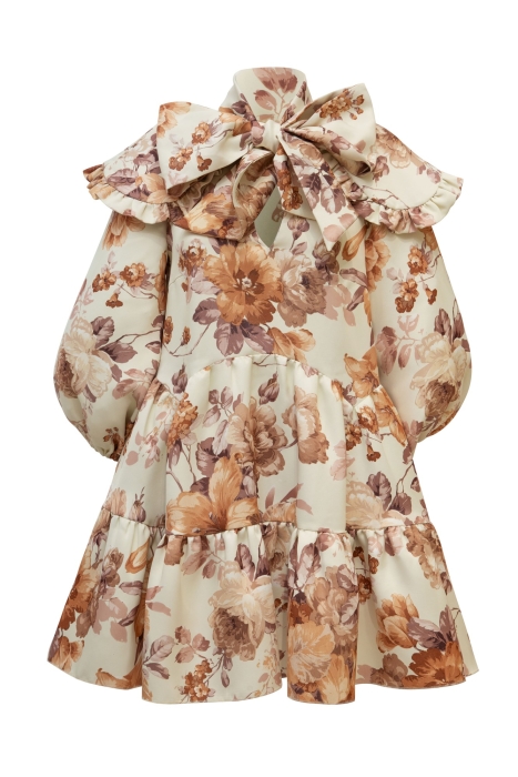Платье "Лоретта" молочное, принт бежевые пионы, с воротником и бантом, мини