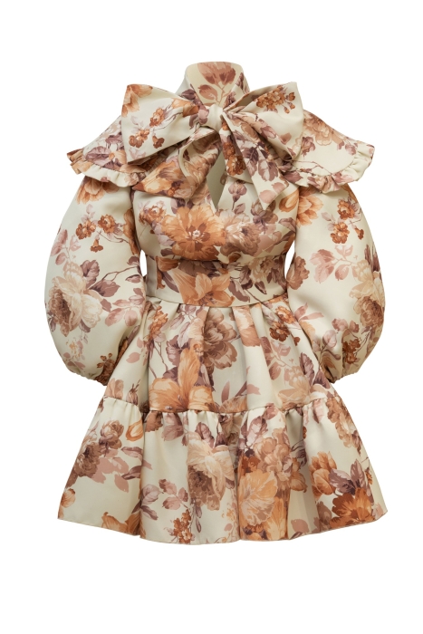 Платье "Лоретта" молочное, принт бежевые пионы, с воротником и бантом, мини
