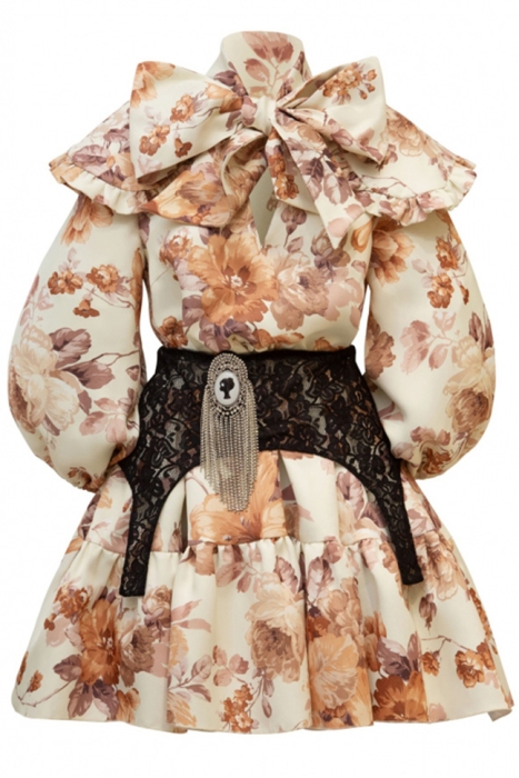 Платье "Лоретта" молочное, принт бежевые пионы, с воротником и бантом, мини