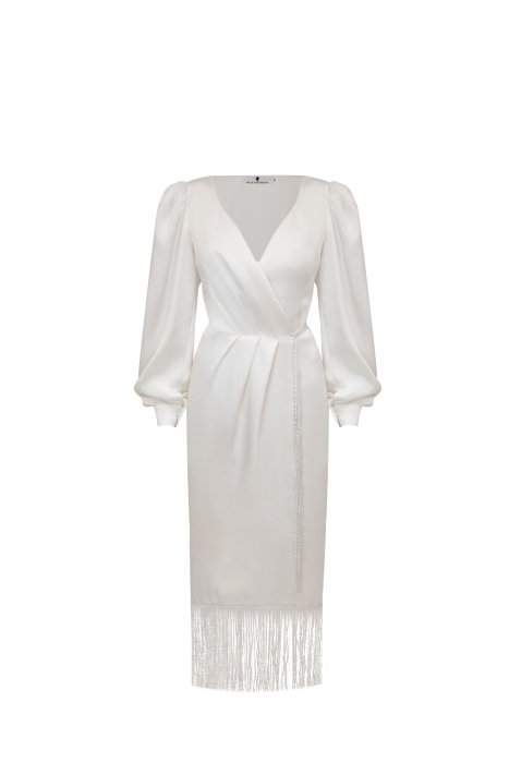 Платье "Сибара" белое, атлас (шелк), с бахромой