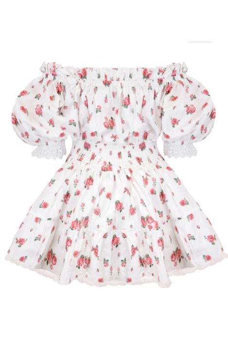 Платье "Эсти" Белое с Розовыми цветами ,Мини,Хлопок