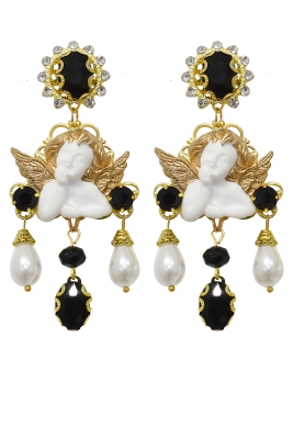 Серьги "Ангелы" винтажные, с жемчугом и камнями, золотистые