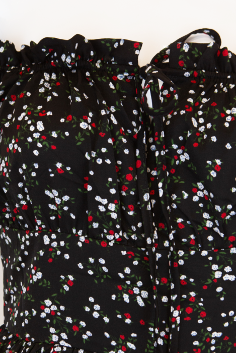 Платье "Коринн" Черное с маленькими цветами ,Мини, Кружевные рукава