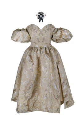 Платье "Версаль" бежево - золотистое, атлас, вышивка, вензеля, миди