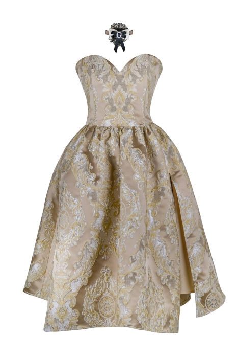 Платье "Версаль" бежево - золотистое, атлас, вышивка, вензеля, миди