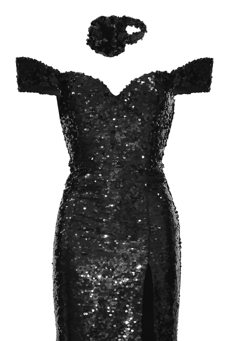 Платье "Кэтлин" черное, пайетки, макси + чокер роза