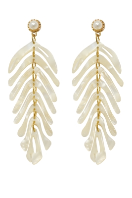Cерьги "Листья" молочные, "монстера" с жемчугом, золотистые