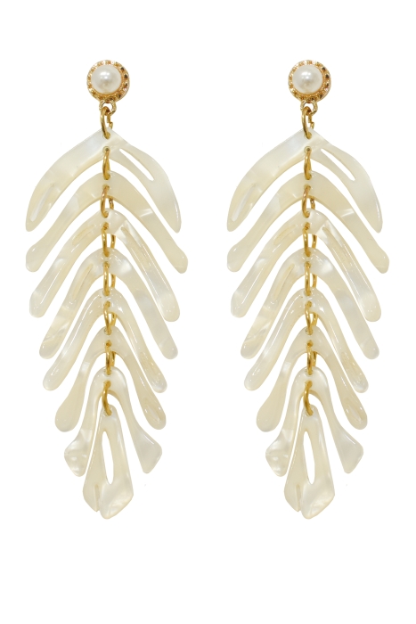 Cерьги "Листья" молочные, "монстера" с жемчугом, золотистые