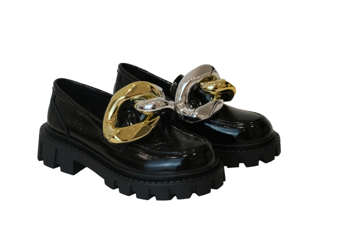 Лоферы "FW 23-24" черные, на платформе, ЛАК, крупная цепь
