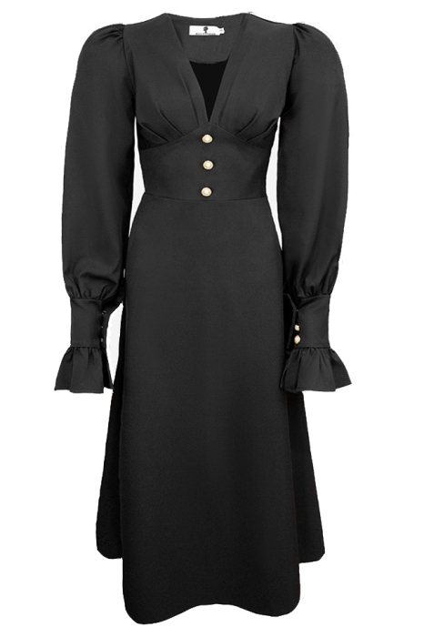 Платье "Лоренсия" черное, с манжетами, декорировано пуговицами, миди