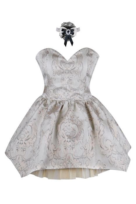 Платье "Версаль" молочное с золотистым, атлас, вышивка, вензеля, мини