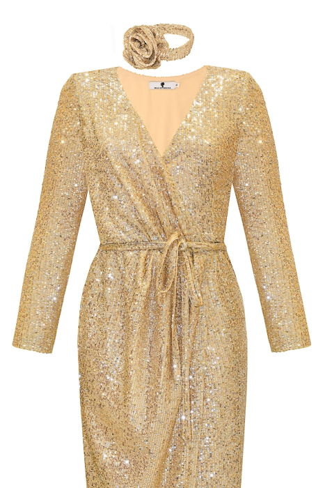 Платье "Джейден" золотистое, пайетки, макси + чокер роза