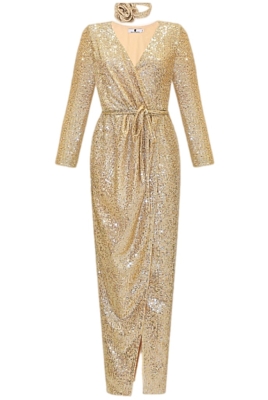 Платье "Джейден" золотистое, пайетки, макси + чокер роза
