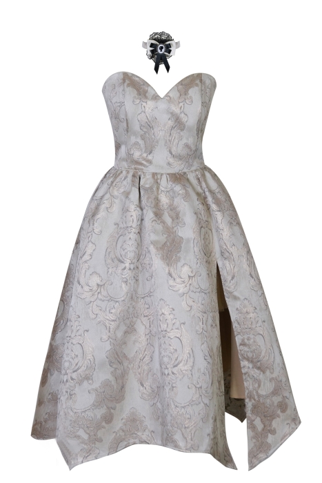 Платье "Версаль" молочное с золотистым, атлас, вышивка, вензеля, миди