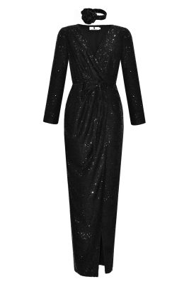 Платье "Джейден" черное, пайетки, макси + чокер роза