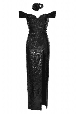 Платье "Джейден" черное, пайетки, макси + чокер роза
