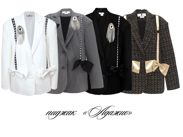 Пиджак - жакет "Адажио" черный + Брошь "ЛОГО" со стразами