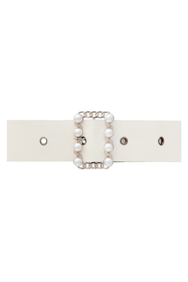 Ремень (пояс) белый (48мм), эко-кожа, пряжка 45мм "прямоугольник" с жемчугом и  стразами (серебро)