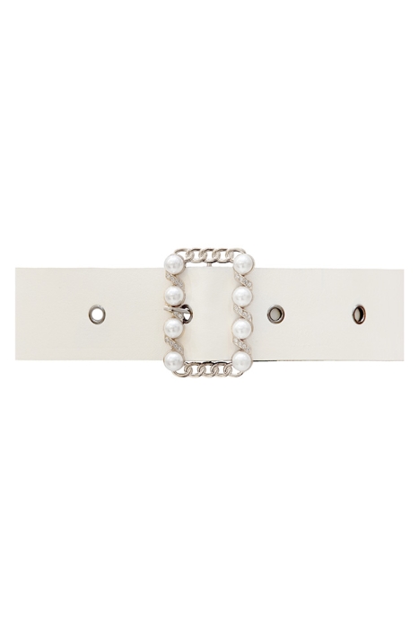 Ремень (пояс) белый (48мм), эко-кожа, пряжка 45мм "прямоугольник" с жемчугом и  стразами (серебро)