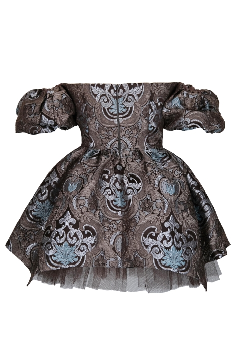 Платье "Версаль" шоколадно - бирюзовое, атлас, вышивка, вензеля, мини