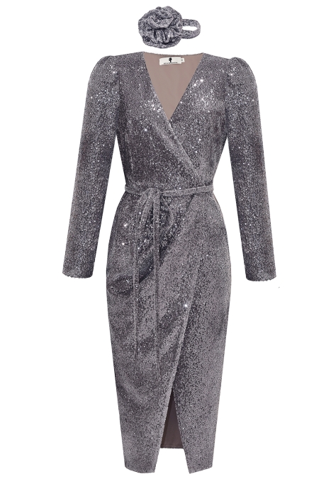 Платье "Голди" серо-серебристое, пайетки на бархате, миди + чокер роза