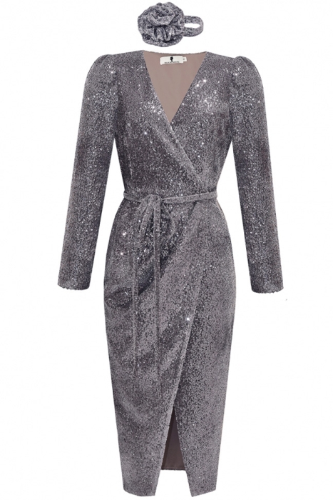 Платье "Голди" серо-серебристое, пайетки на бархате, миди + чокер роза