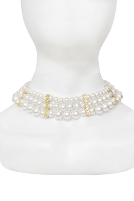 Чокер - колье жемчуг белый, 3 нити с золотистыми перемычками