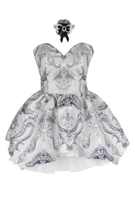 Платье "Версаль" серебристо - серое, атлас, вышивка, вензеля, мини