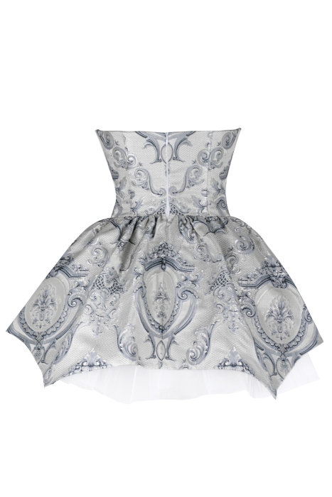 Платье "Версаль" серебристо - серое, атлас, вышивка, вензеля, мини