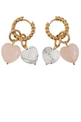 Серьги - трансформеры с сердечками из белого кахолонга и розового кварца золотистые