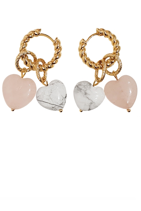 Серьги - трансформеры с сердечками из белого кахолонга и розового кварца золотистые